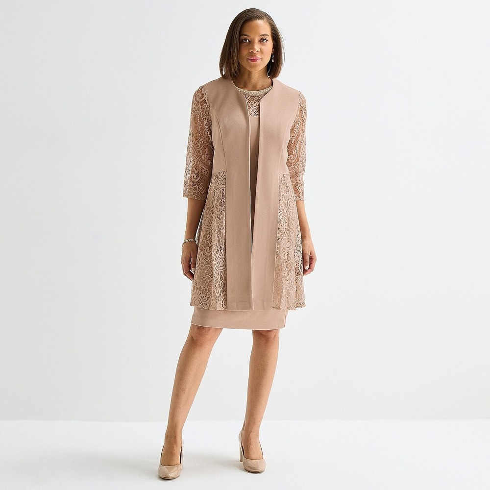MSRP $100 Maya Brooke Womens 12 Latte Fitted Lace 2 Piece Jacket Dress